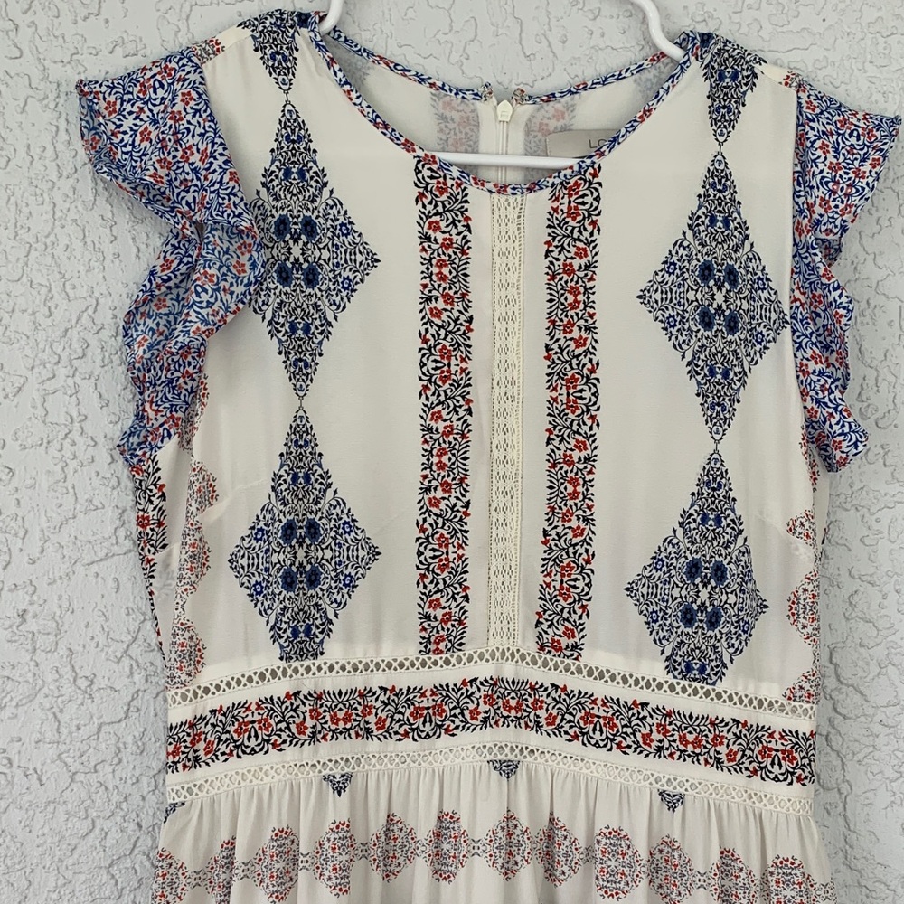 Loft  Midi Dress with Navy & Rust Print embroidered detailing size 4 - Picture 4 of 11